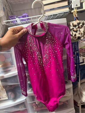 Sylvia P Magenta Rhinestone Dance Leotard with Mesh Sleeves